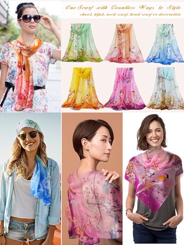 6 Pieces Scarves for Women Ladies Lightweight Silk Gorgeous Floral Pattern Lotus Print Chiffon Scarves - color: Magpie Nature Pattern