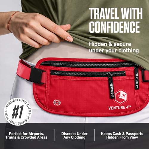 VENTURE 4TH Money Belt for Travel – Slim Hidden Under-Clothes RFID Blocking Anti-Theft Passport Holder & Travel Wallet Pouch for Men & Women to Protect Cash, Cards & Documents (Red) - color: Red