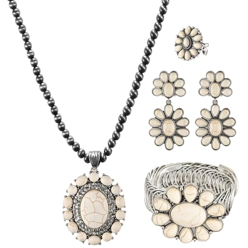 4 PCS Western Turquoise Jewelry for Women Boho Vintage Navajo Pearl Necklace Earring Bracelet Ring Set Country Cowgirl Accessories for Gift - color: A-White
