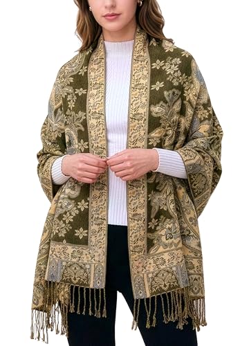 Achillea Elegant Paisley Floral Pashmina Shawl and Wrap – Boho Rave Scarf for Festival, Travel & Everyday Wear - color: Olive Green