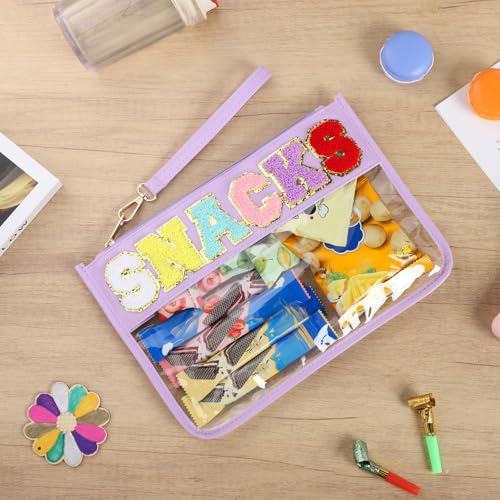 Clear Snack Bag for Travel, Chenille Letter Clear Zipper Snacks Pouch Nylon Cosmetic Bag Makeup Travel Bag for Women - color: Purple