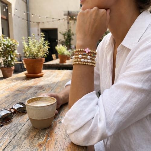 Gold Beaded Cross Bracelet for Women, 14K Plated Adjustable Stackable Dainty Bracelets, Non Tarnish Fashion Jewelry Set Gifts for Women Birthday Friendship - color: Colors-3