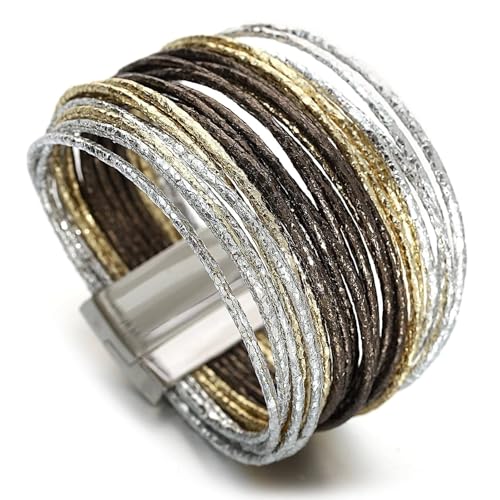 Fesciory Leopard Bracelet for Women, Boho Leather Wrap Multi-Layer Pearl Crystal Bracelet Bangle Jewelry - style: Leather String(GoldBrown)