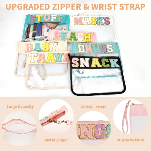 Iqimott Monogram Letter Clear Bag Purse, Chenille Glitter Letter Makeup Cosmetic Bag Patch Zipper Toiletry Pouch, Portable Travel Beach Snack Wristlet Bag for Women Girls(Things, Pink) - color: Things-Pink