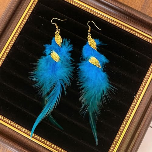 Feather Earrings for Women Bohemian Fringe Tassel Long Drop Dangle Earrings Lightweight Boho Statement earrings - color: blue