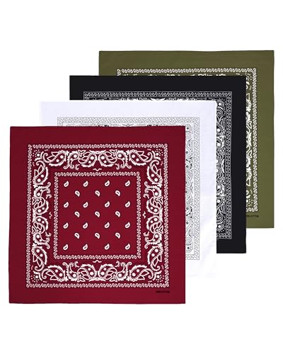 Bycc Bynn Large 27" x 27" 100% Cotton Bandanas - Set of 4 - color: Burgundy+white+black+army Green