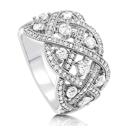 BERRICLE Sterling Silver Woven Art Deco Statement Cocktail Ring for Women, Cubic Zirconia CZ
