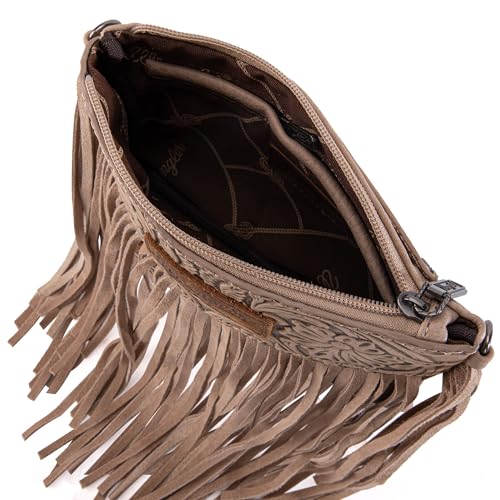 Wrangler Crossbody Small Purse for Women Wristlet Fringe Bag Western Purse - color: Angel Khaki