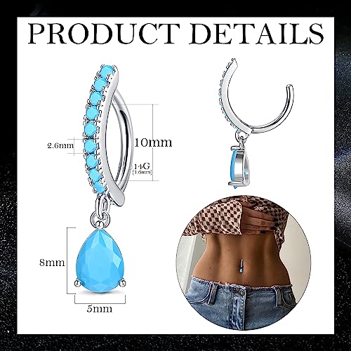 FIBO STEEL 14G Clicker Belly Rings 316L Surgical Steel Dangle Belly Button Ring CZ Teardrop Pendant Navel Rings Barbell Body Piercing Jewelry - color: Blue