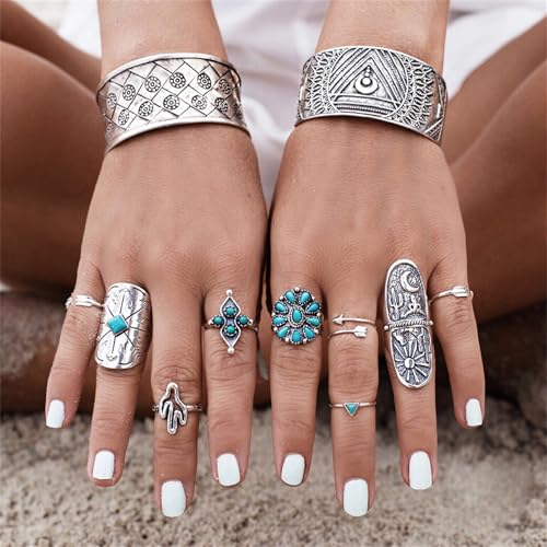 Bohemian Turquoise Ring Set for Women,Vintage Gem Turquoise Opal Joint Knuckle Stackable Rings Chunky Boho Midi Ring Pack Punk Western Ring Mixed Size - style: Style D