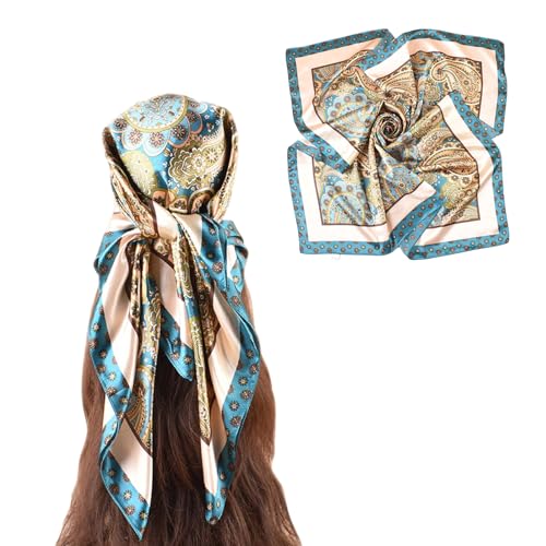 35” Satin Large Square Head Scarves-Like Silk Satin Scarf for Hair Wrapping at Night Bandana Square Scarf for Sleeping - color: Snowflake Edge-peacock Green
