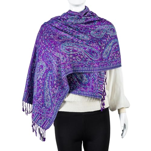 AUSEKALY Pashmina Feel Shawls Wraps for Women Rave Scarf Soft Silky Reversible Men Scarves - color: Purple Blue