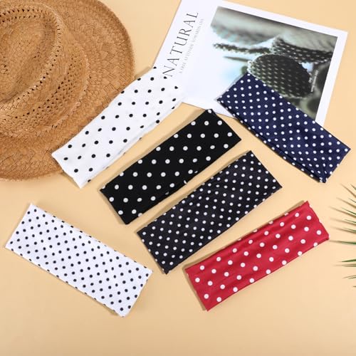 6PCS Polka Dot Fabric Headbands, Soft Stretchy Headbands, Wide Polka Dot Headband, for Running, Yoga, and Everyday Wear (Black, White, Red, Navy Blue)
