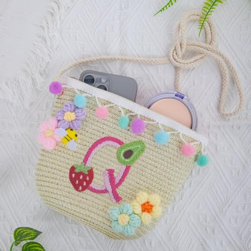 Letter Small Woven Straw Summer Beach Tote Bag for Women 2025,Woven Straw Beach Purse Shoulder Crossbody Bag for Women 2025 - color: Brown Q