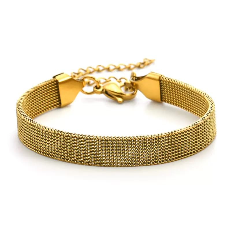 Fanmusic 18K Gold Plated Mesh Bracelet for Women, Adjustable Stainless Steel Wristband, Hypoallergenic Tarnish Resistant Everyday Jewelry Gift