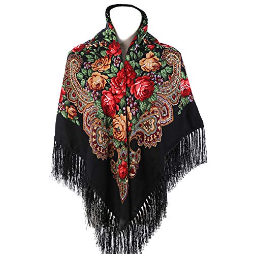 Gudessly Women's Traditional Scarf Wrap Tassel Fringes Neck Head Shawl Retro Scarf Floral Poncho Printing Square Cape 50inch - color: Black
