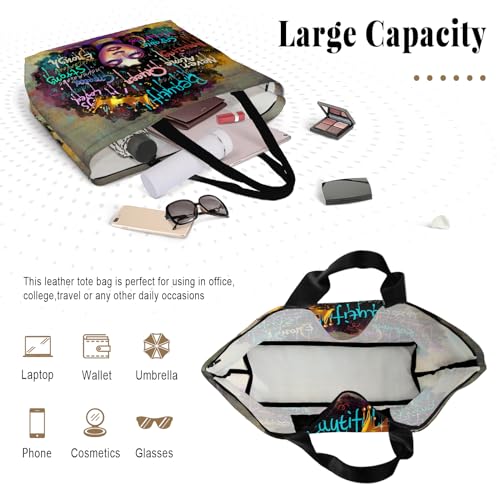 African American Women Tote Bag Black Shoulder Handbag For Women Fit Work Beach Labtops With Zip - color: Black Women 7