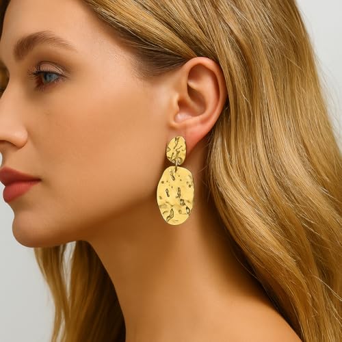 Chunky Irregular Geometry Clip On Earrings for Women, Matte Gold/Silver Retro Oval Dangle Drop Clip Earrings Non Pierced Clips Stetement Jewelry Gifts - color: Gold