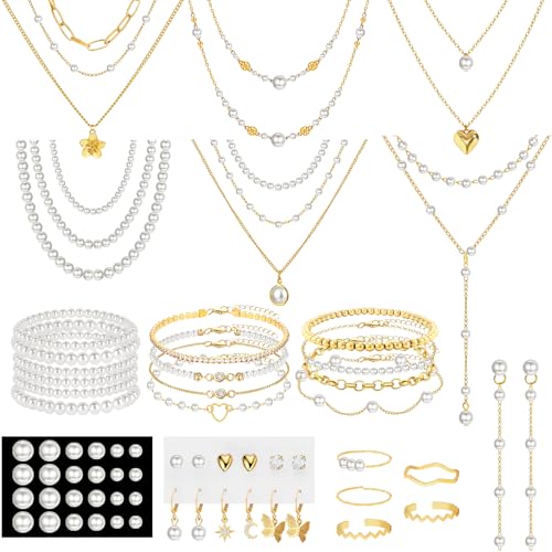 NEWITIN 69 Pieces Gold Jewelry Set for Women Fashion Costume Jewelry Gold Plated Necklace Bracelet Earrings Set for Women - color: Pearl Jewelry Set