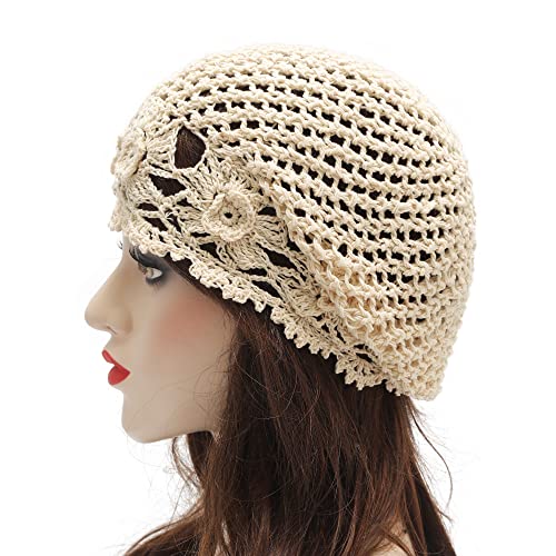 ZLYC Women Cotton Crochet Slouchy Beanie Hat Handmade Knit Summer Skull Cap - color: Flowers Beige