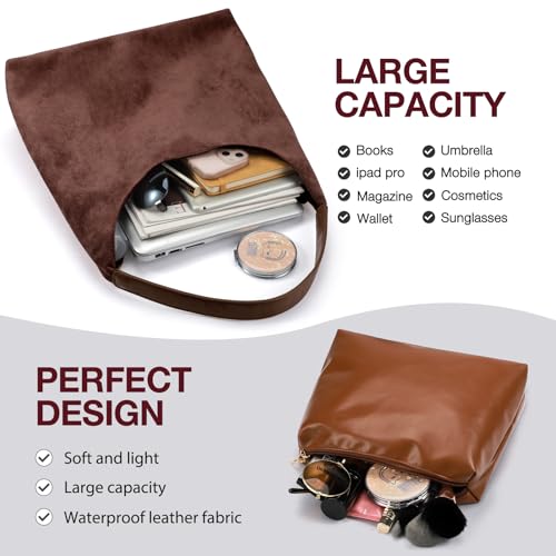 2-Piece Vegan Leather Purse Set for Women: Slouchy Hobo Shoulder Bag & Suede Tote Bag - color: Coffee