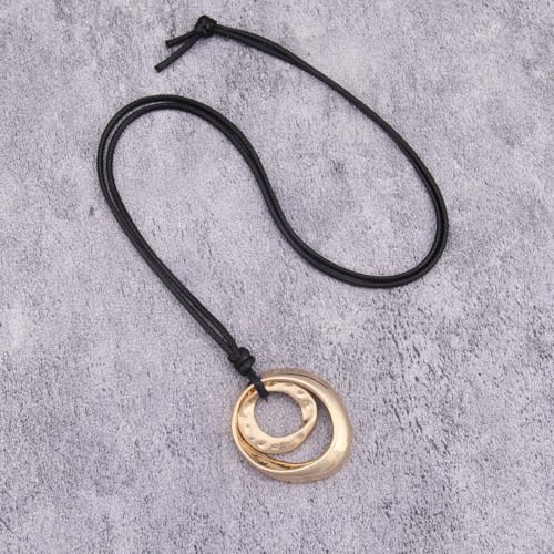 GelConnie Leather Necklace for Women Round Wooden Pendant Long Leather Choker Vintage Sweater Necklace Gold Chunky Boho Necklaces for Women - style: Boho Sweater Necklace