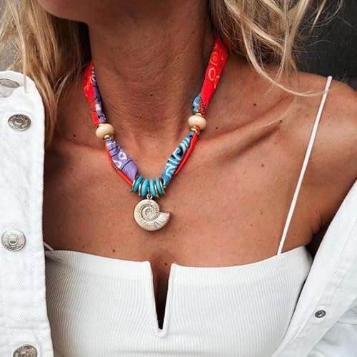 Scarf Necklace with Charm Gold Starfish Chunky Cross Heart Flower Pendants Bandana Charm Necklace Western Scarf for Women Boho Cowgirl Country Cowboy Accessories Beach Vacation Vacation Outfits Jewelry - color: C5-Scarf Necklace With Conch Charm