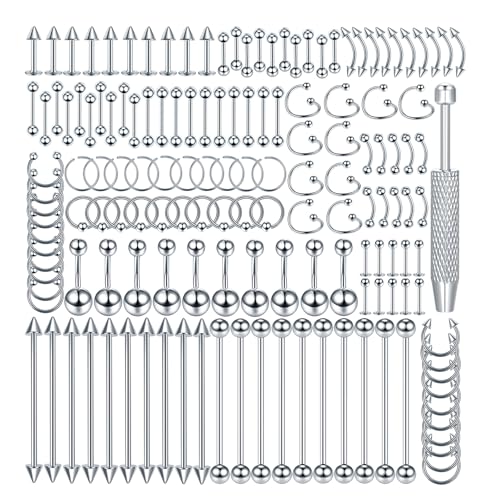 Oveta 150-151PCS Body Piercing Jewelry Lot 14G 16G 20G Stainless Steel Nose Lip Tongue Cartilage Tragus Eyebrow Industrial Barbell Belly Button Rings Piercing Kit Jewelry - style: 151pcs-Silver
