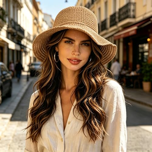 Straw Bucket Hat for Women Foldable Summer Beach Sun Hats Wide Brim Crochet Floppy Hat for Vacation Travel Shade & Style - color: Khaki-b