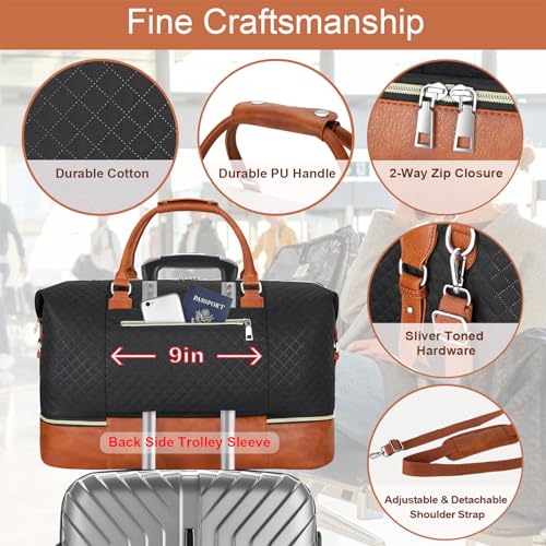 ITIEZY Weekender Overnight Bag for Women - Large Travel Duffel Bag with Shoe Compartment, Gym Duffel Bag Hospital Bag Carry On Tote Bags for Airplanes with Crossbody Bag Toiletry Bag 3Pcs Set - color: 4-Black