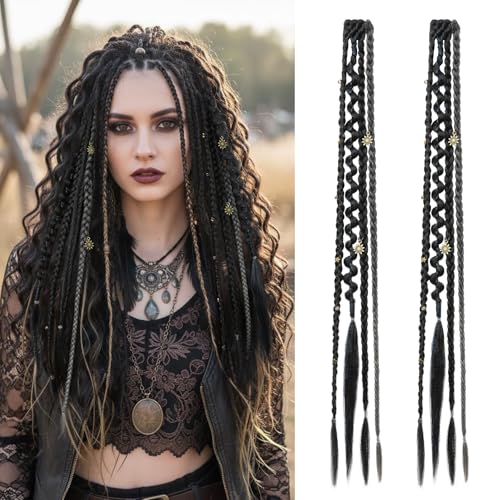 REECHO Clip in Braid Hair Extensions for Women, 20" Boho Dreadlock Clip in Braids with Beads & Charms, 2PCS Synthetic Braided Hairpieces for Cosplay Daily, Black with Gray - color: Black with Gray, size: 20 Inch