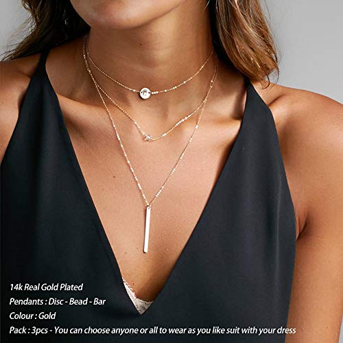 Turandoss Gold Layered Necklaces for Women - 14K Gold Plated Handmade Multilayer Bar Pearls Coin Disc Moon Butterfly Medallion Adjustable Dainty Layered Choker Necklaces for Women Jewelry - style: 3PCS - Disc&CZ&Bar