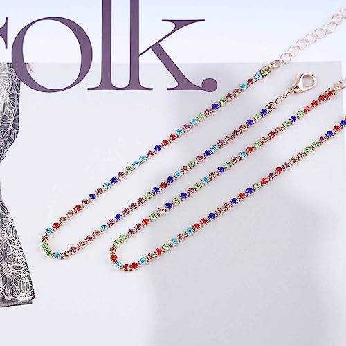 Boho Layered Rhinestone Ankle Bracelet Set Colorful Crystal Tennis Chain Anklet Summer Beach Rainbow CZ Anklet Sparkly Cubic Zirconia Foot Chain Jewelry for Women