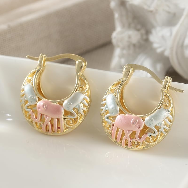 1 Pair of Simple and Retro Golden Color Hoop Earrings with Elephant Pattern Jewelry, An Elegant Women's Accessory, and A Beautiful Gift for Daily Festivals