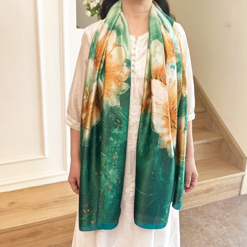 Long Silk Like Scarf Lightweight Satin Scarves Large Sunscreen Shawl Wrap for Women - color: 004.big Flowers Green