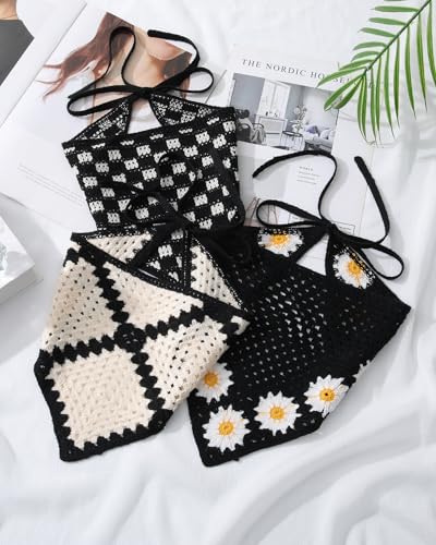 AWAYTR Crochet Head Scarf Hair Bandanas Women Knit Bandana Headband Scarf Tie-Back Head Coverings Floral Headscarf - color: Black