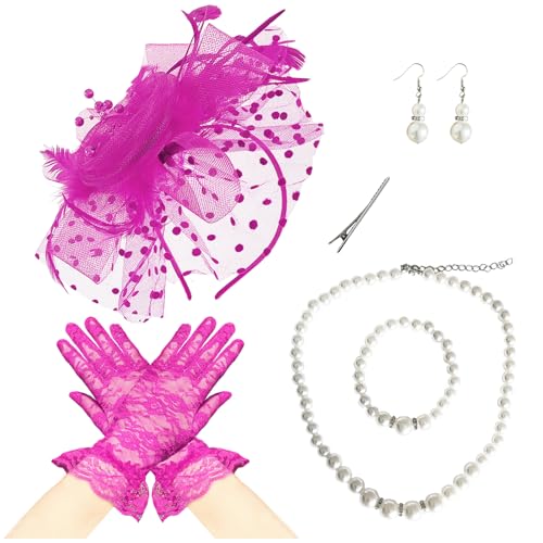 Fascinators Hat Pearl Earrings Necklace Bracelets Gloves 1920s Headband Hair Clips Women Flower Mesh Feather Headpiece Headwear Halloween Carnival Cocktail Wedding Tea Party Accessories Rose - color: Rose