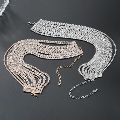 Rhinestone Bling Multi-layered Faux Diamond Choker Necklace for Women Unisex,Sparkly Iced Out Tennis Shiny Collar Neclace Prom Party Formal Dressy Necklace Statement Crystal Jewelry - color: gold