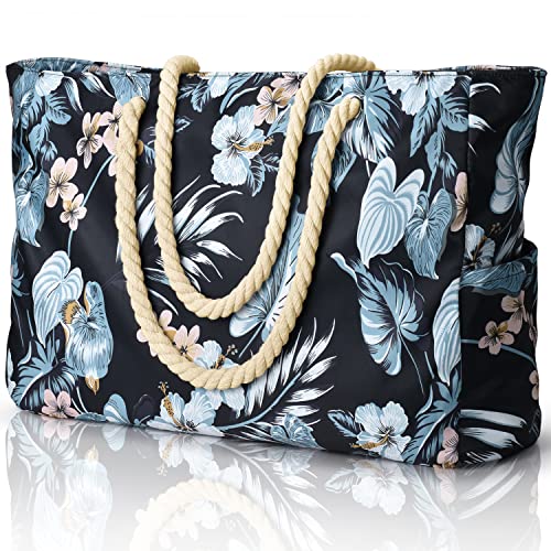 Becokan Beach Bag Large Beach Tote Bag for Women Waterproof Sandproof Swim Pool Bag With Zipper - color: Black Flower