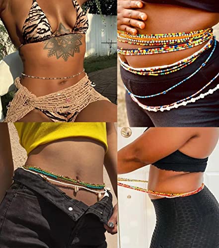 12PCS 24-70 Inches Plus Size Waist Beads Chains for Women Handmade African Belly Beads Layered Body Chain Beach Bikini Jewelry - size: 43.5 inches