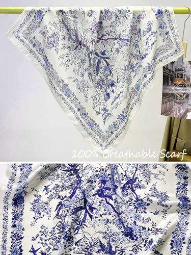 Silky Scarf for Women Lightweight Satin Bandanas Neck Hair Wrap For Sleeping Head Scarves 27.5" - color: A19 Beige Blue Pattern/27.5"
