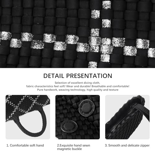 Woven Bag for Women, Large Neoprene Tote Bag Summer Beach Handbag Purse Retro Handmade Travel Shoulder Bag Set - color: Black-s
