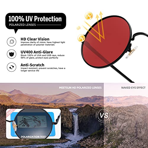 MEETSUN Small Round Polarized Sunglasses for Men Women Metal Retro Hippie Circle Sun Glasses Driving Festival Cosplay UV400 - color: Black / Grey + Black / Red