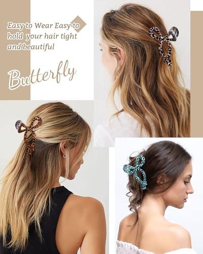 Mesovor 4 Pack Elegant Bow Hair Claw Clips, Nonslip 4.3" Large Hair Grip Hairclips for Thin and Thick | Acrylic Hair Strong Hold Hair Jaw Clamps (Pink Leopard, Brown Leopard) - color: Pink Leopard, Brown Leopard