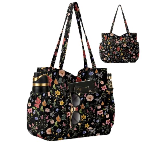 Corduroy Tote Bag for Women,Large Capacity Cute Tote Bags With 6 Pockets,Crossbody Shoulder Handbag for Work Travel Gym - color: Black Retro Flowers