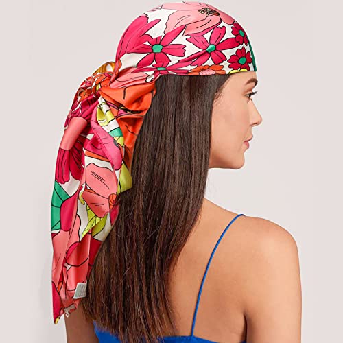 Molans 35" Silk Satin Square Head scarves - 4Pcs Large Scarfs Hair Bandana Head Kerchief Neck Scarf Sleeping Wraps for Women - color: Through Printing