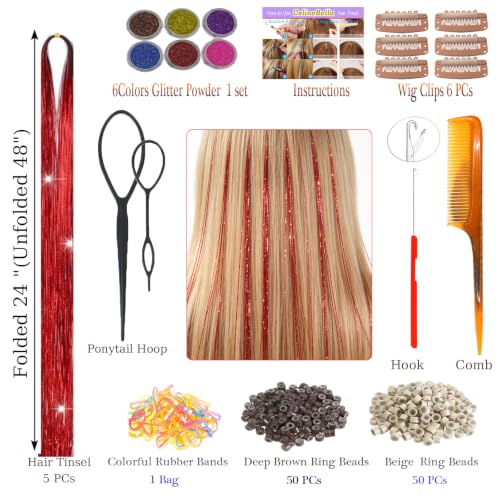 Celinebella Ruby Red Hair Tinsel, 48" 1250 Strands Crimson Shimmer | Vibrant ruby crimson red tone, rich bold shimmer, heat resistant, perfect for Christmas Thanksgiving holiday celebrations - color: 04-Crimson Glitter, size: 48 Inch Pack of 5Pcs