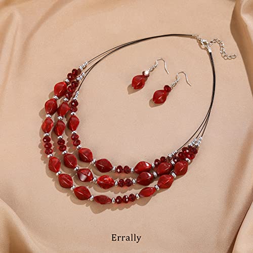 3 Layered Chunky Statement Necklace for Women Beaded Strand Necklaces with Earring Fashion Costumes Collar Necklace Jewelry Sets Gifts for Women - color: Red