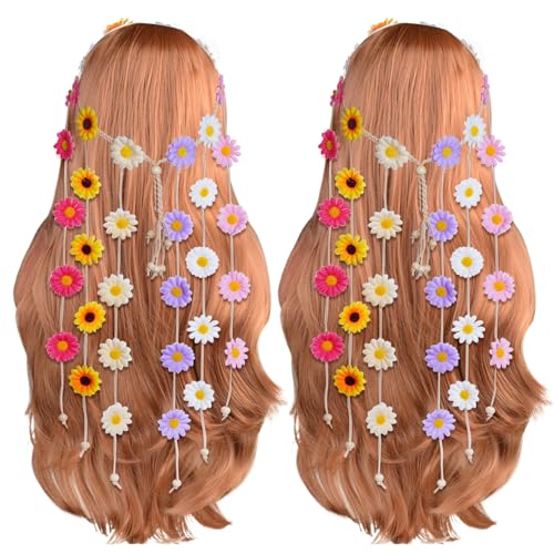 Sucrain 2pcs Flower Hippie Headband Floral Crown Summer Sunflower Hair Accessories for 70s Bohemian Costumes Style for Women(Colorful+Colorful) - color: Colorful+Colorful