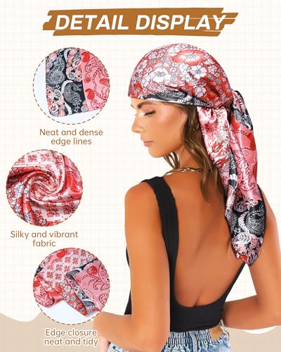 Mesovor 35” Square Head Scarf for Women, 3 Pack Like Silk Satin Headscarf Hair Neck Scarf Top Bandanas for Sleeping - color: Cashew(red/Orange Pink/Gray)